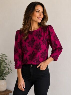 Vintage Magenta Floral Blouse Puff Sleeve Retro Top – Approx. Women’s Large